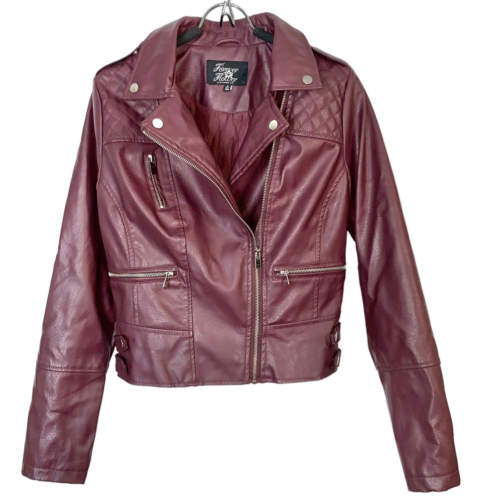 FOREVER FLOWER Vegan Leather Cropped  Moto Jacket Sz S